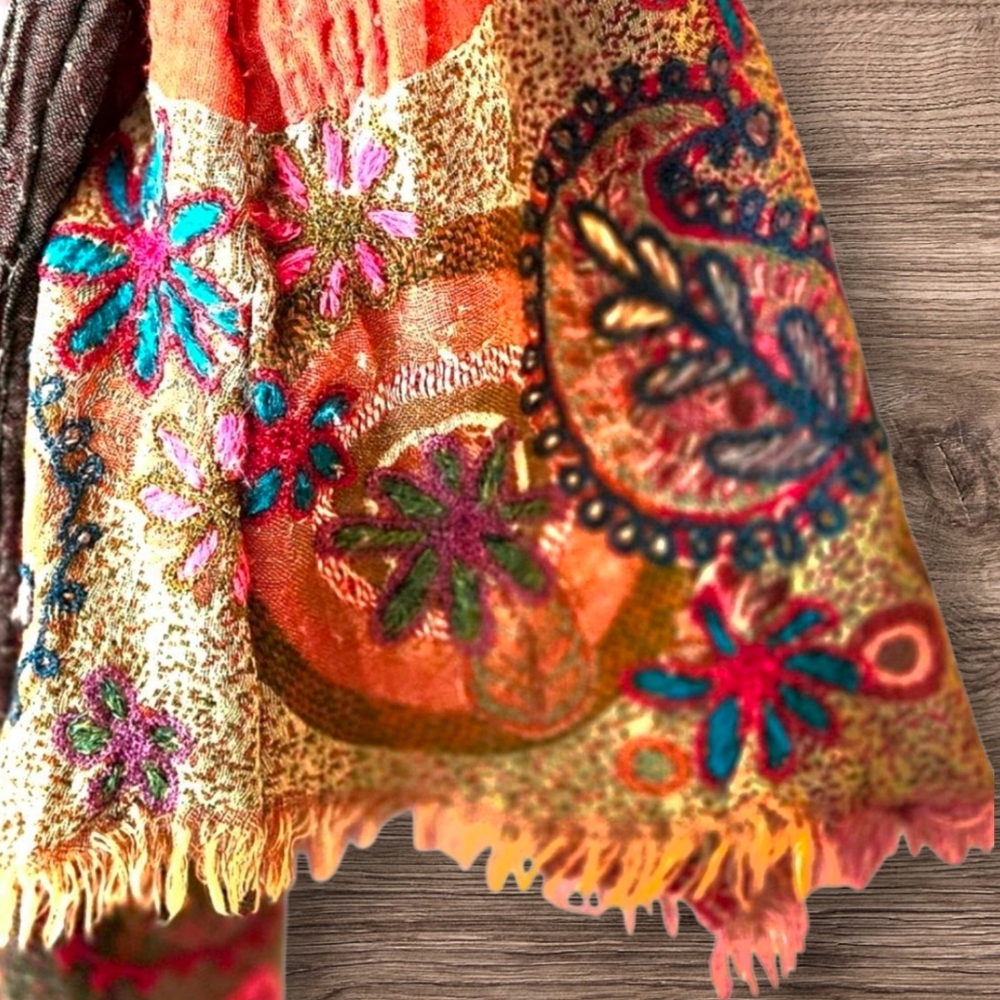 Kashmir Hut Red Gray Tunic Embroidered Bell Sleeve Bohemian Forest Fairy / XL - Picture 9 of 10